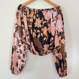 Vici Floral Off the Shoulder Cropped Puff Balloon Sleeve Peasant Top